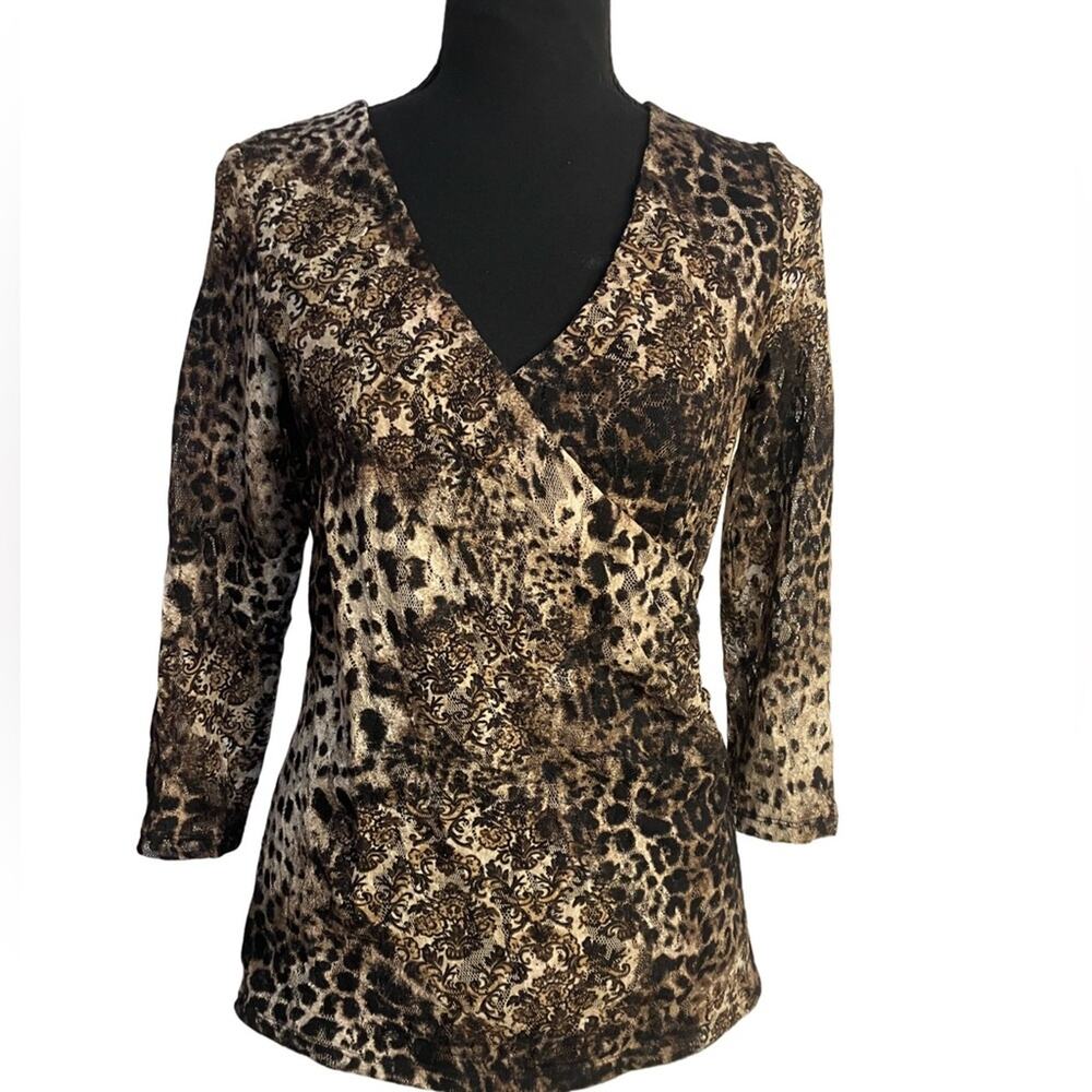 Chico's Brown and Tan V-Neck Wrap top (Size 0) Animal print